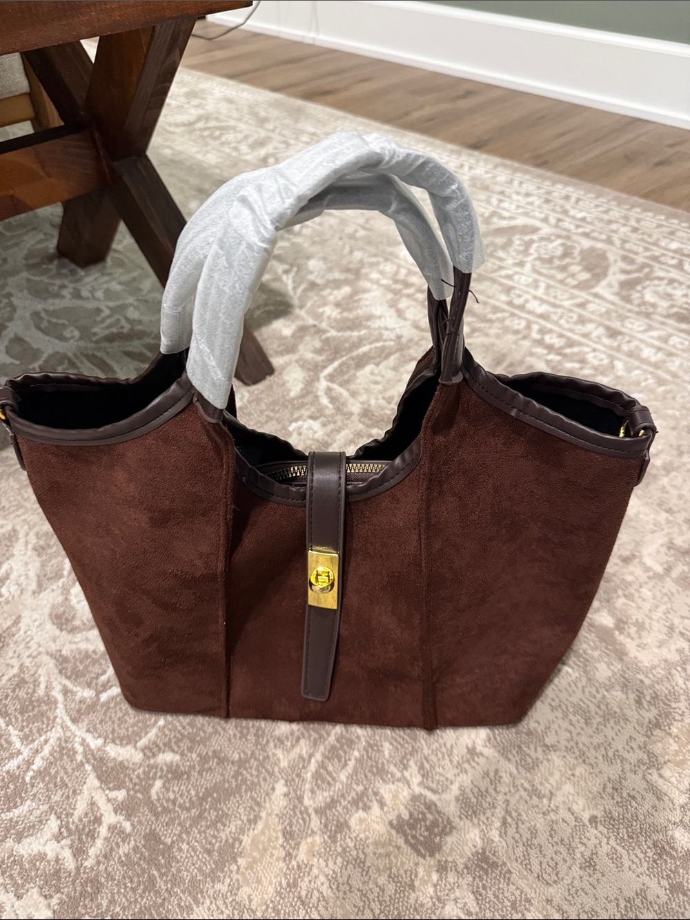 NWT Commense bintsge inspired Brown Suede Top handle tote bag Gold Hardware - Picture 3 of 13